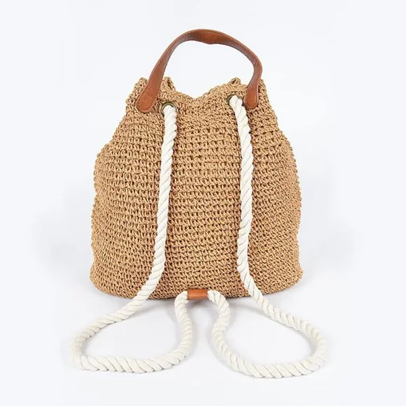 NWT Boho Beach Raffia Woven Rope Backpack - Picture 9 of 11